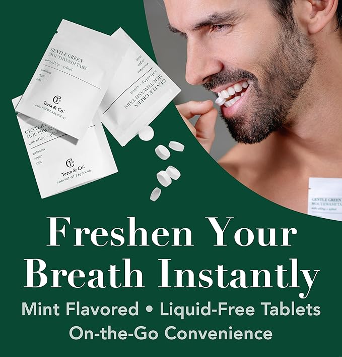 Terra & Co. Gentle Green Mouthwash Tablets – 10 Travel Sachets with 6 Fluoride-Free Tabs Each – Nano-Hydroxyapatite for Oral Health – TSA-Compliant, Plastic-Free, Mint Flavor, Eco-Friendly