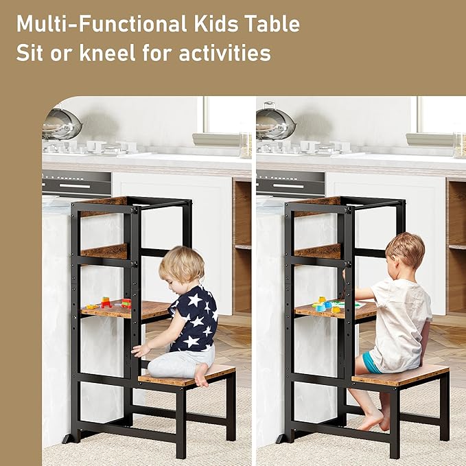 Kitchen Step Stool for Toddlers, Height Adjustable Toddler Tower with Safety Rail, Steel and Wood Toddler Kitchen Stool Helper Kids, Stool for Kids, Learning Tower, Kids' Desk Brown