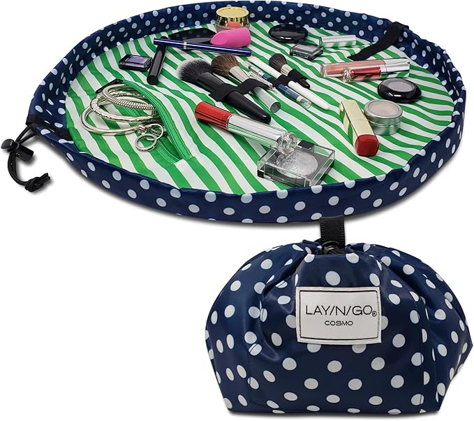 Lay-n-Go Cosmo Layflat Drawstring Cosmetic & Makeup Bag Organizer w/Zipper Pocket, Brush Loops & More, Cinch to Close, Lay Flat to Use, Durable, Machine Wash, Travel Toiletry Bag (20", Navy/Green)