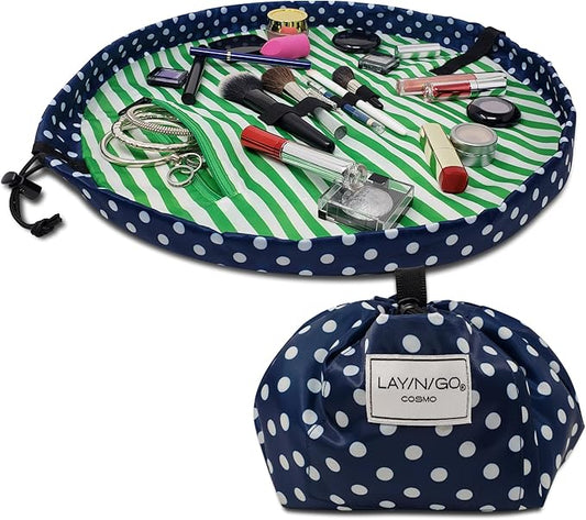 Lay-n-Go Cosmo Layflat Drawstring Cosmetic & Makeup Bag Organizer w/Zipper Pocket, Brush Loops & More, Cinch to Close, Lay Flat to Use, Durable, Machine Wash, Travel Toiletry Bag (20", Navy/Green)