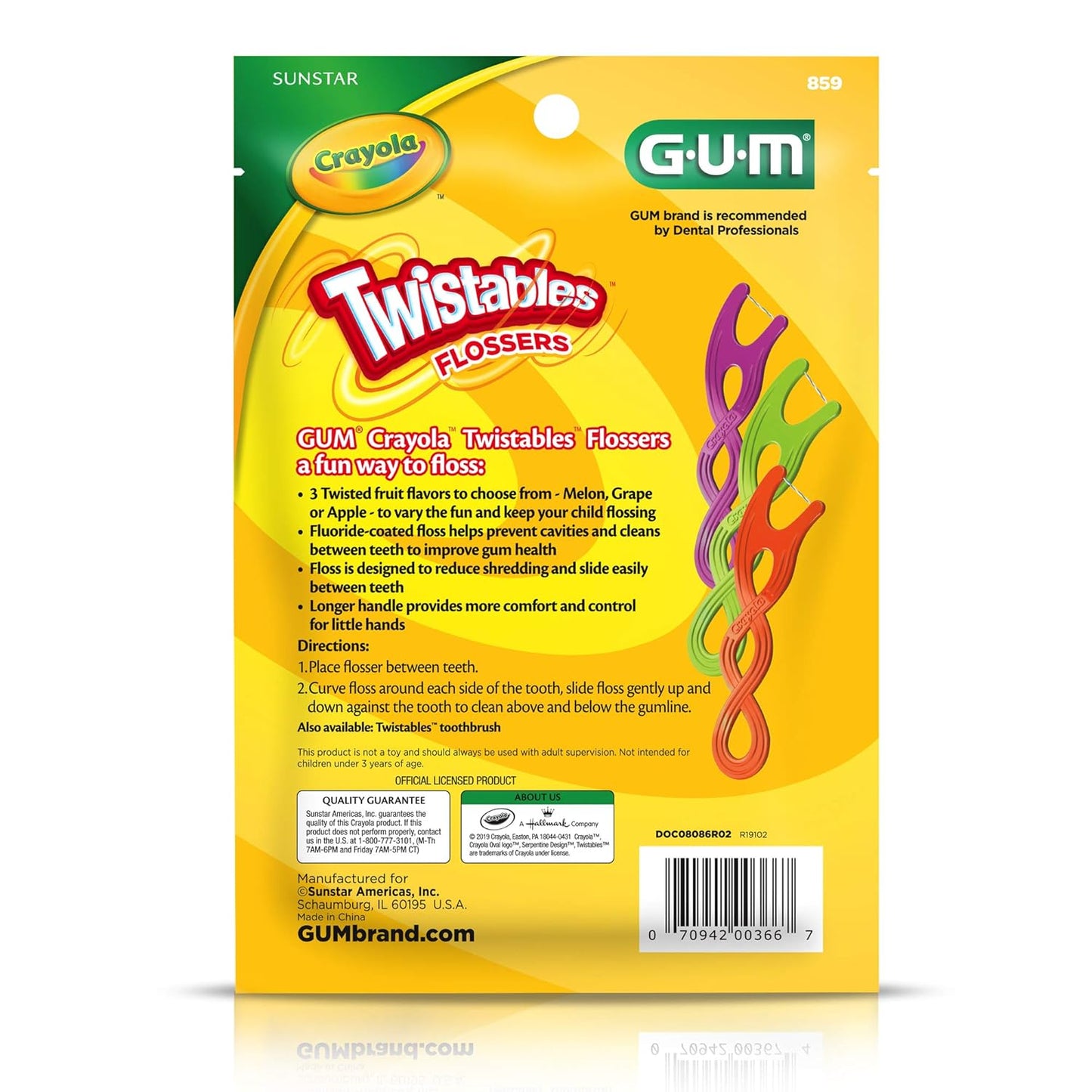 GUM Crayola Twistables Kids Flossers with Fluoride - Designed for Little Hands - Three Fun Fruit Flavors - Easy to Use Kids Floss Picks for Children Ages 3+, 90 Count (Pack of 4)