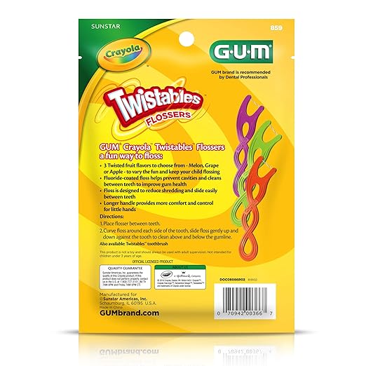 GUM Twistables Kids Flossers with Fluoride - Designed for Little Hands - Three Fun Fruit Flavors - Easy to Use Kids Floss Picks for Children Ages 3+, 90 Count (Pack of 2)