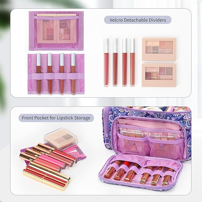 Large Makeup Bag, Portable Travel Makeup Bag Organizer for Women Girls with Makeup Brush Compartment & Two Side Pockets, Cosmetic Travel Bag Vertical Storage Toiletry - Purple