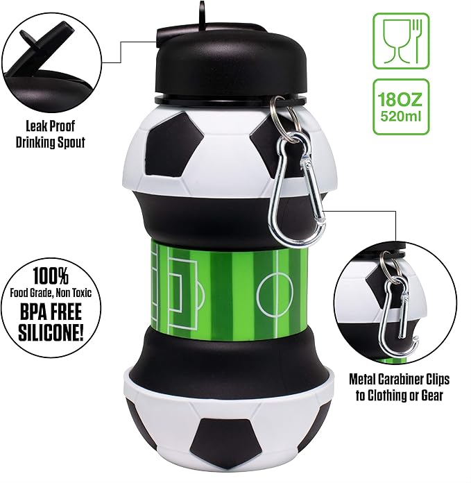 Maccabi Art Clip-On Collapsible BPA-Free Silicone Soccer Ball Water Bottle for Kids, 18 Oz. Size