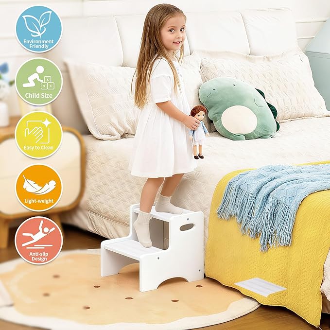 Wooden Toddler Step Stool for Kids, Two Step Stool with Non-Slip Pads & Handles, Potty Training Stool for Bathroom Sink, Toilet, Kitchen, Bedroom (White)