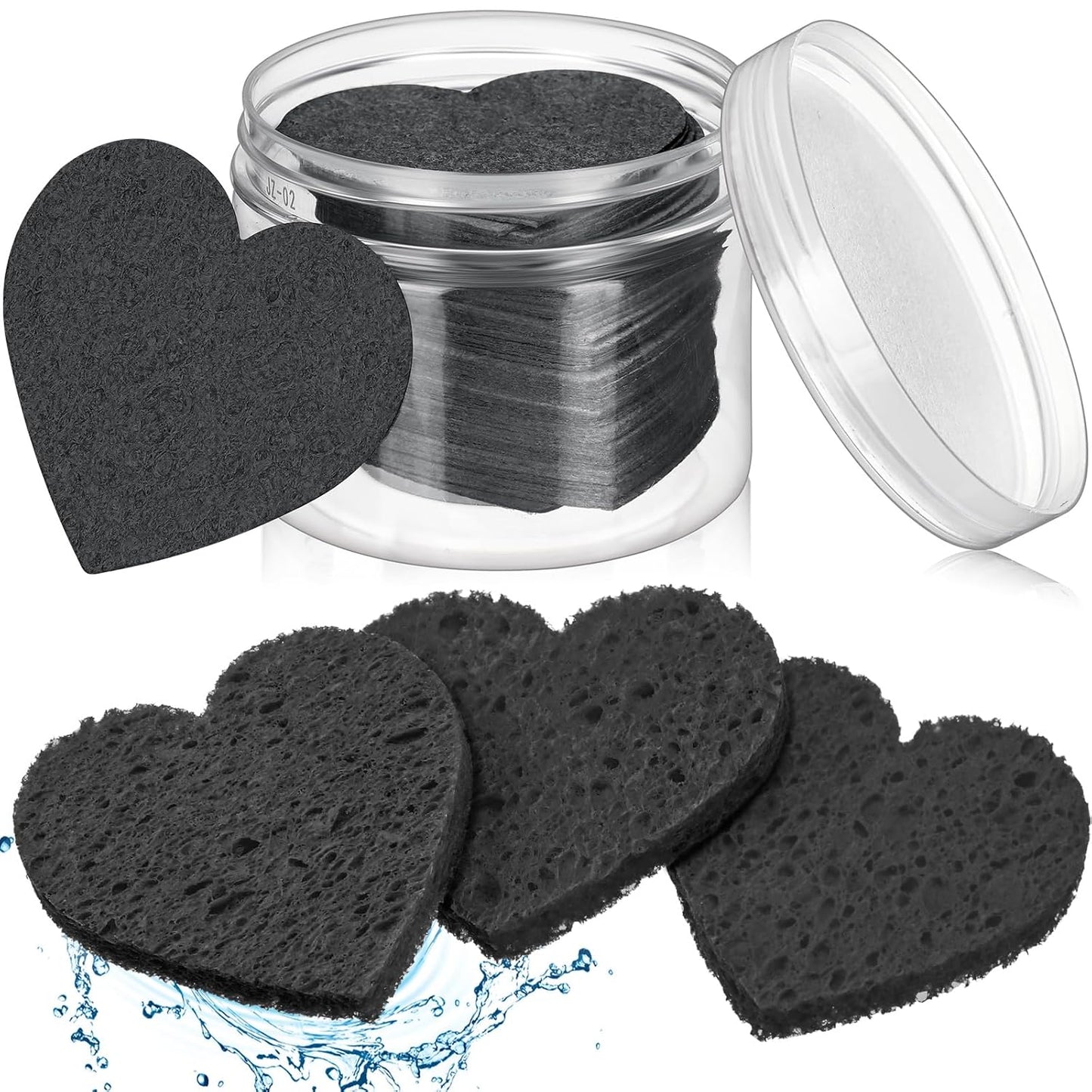 Nuenen 60 Pieces Facial Sponges with Container, Heart Shape Compressed Face Sponges Natural Cleaning Pads for Washing Face Cleaning Exfoliating Esthetician Makeup Removal(Black)