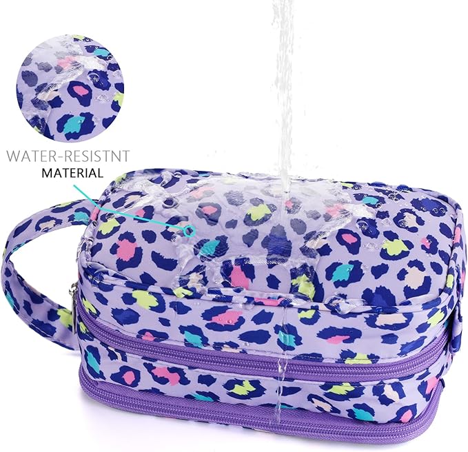 Cheetah Kids Toiletry Bag for Girls, Travel Toiletry Bag for Little Young Girls Cosmetic Bag Makeup Bag Waterproof Hanging Wash Bag Toddler Toiletries, Leopard Purple
