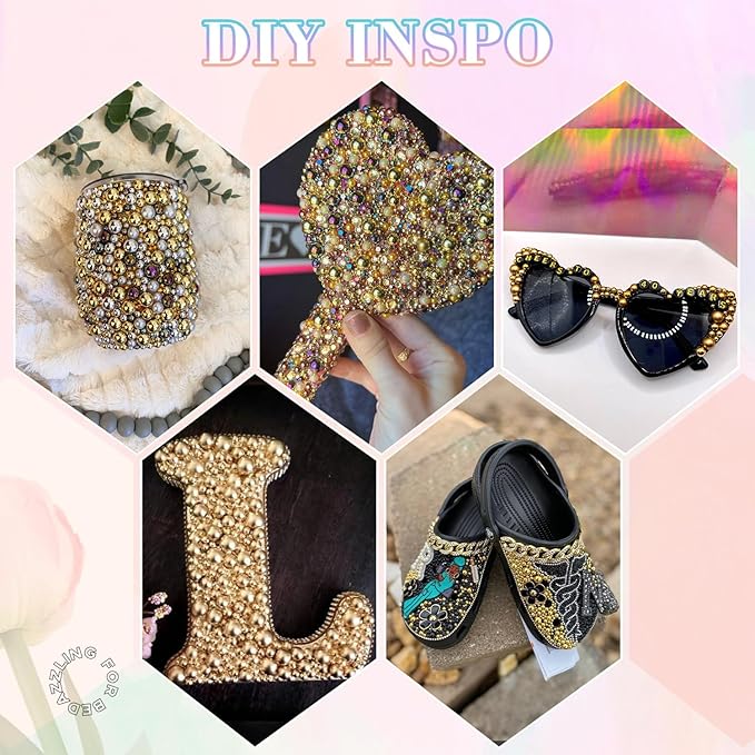 13500Pcs Flatback Pearls for Bedazzling (Gold) with B7000 Jewelry Glue, Assorted Size 2/3/4/5/6/8/10mm Half Pearl, Bedazzling Gems for Crafting Clothing Tumbler Shoes Embellishment Nail Art