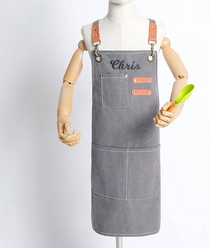 MT WORLD Kids Canvas Apron Personalized Toddler Apron for Boys Adjustable Denim Aprons for Cooking Baking Gardening Painting