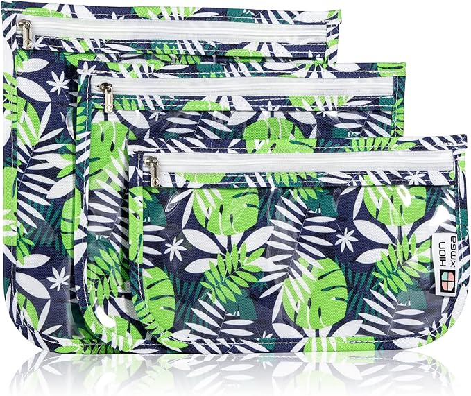 TSA Approved Toiletry Bag, Set of 3 Clear Travel Toiletry Bag Quart Size Zipper Travel Pouch, Waterproof Makeup Cosmetic Bag for Women Men Kids Toiletries Carry on, Green Leaves