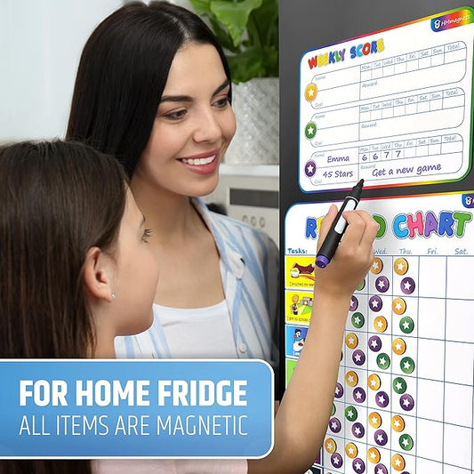 Large Magnetic Reward Chart for Multiple Kids (1-3 Kids) - 127 Pre-Written Stickers (Including Potty Training) + 30 Custom Chores - Behavior, Responsibility & Incentive Star Chart for Your Fridge