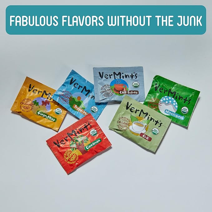 VerMints Organic Breath Mints PepperMint Candy Mints - Real Ingredients, Lasting Refresh - Travel Size Candies - Non-GMO, Vegan, Nut Free, Gluten Free & Kosher Peppermints - 100 Packets