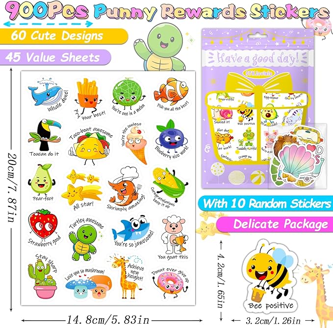 900PCS Punny Teacher Stickers for Students, Funny Teacher Reward Sticker for Kids Classroom Supplies Motivational Potty Training Sticker Cute Animal Incentives Stickers for Kids Toddlers School Home