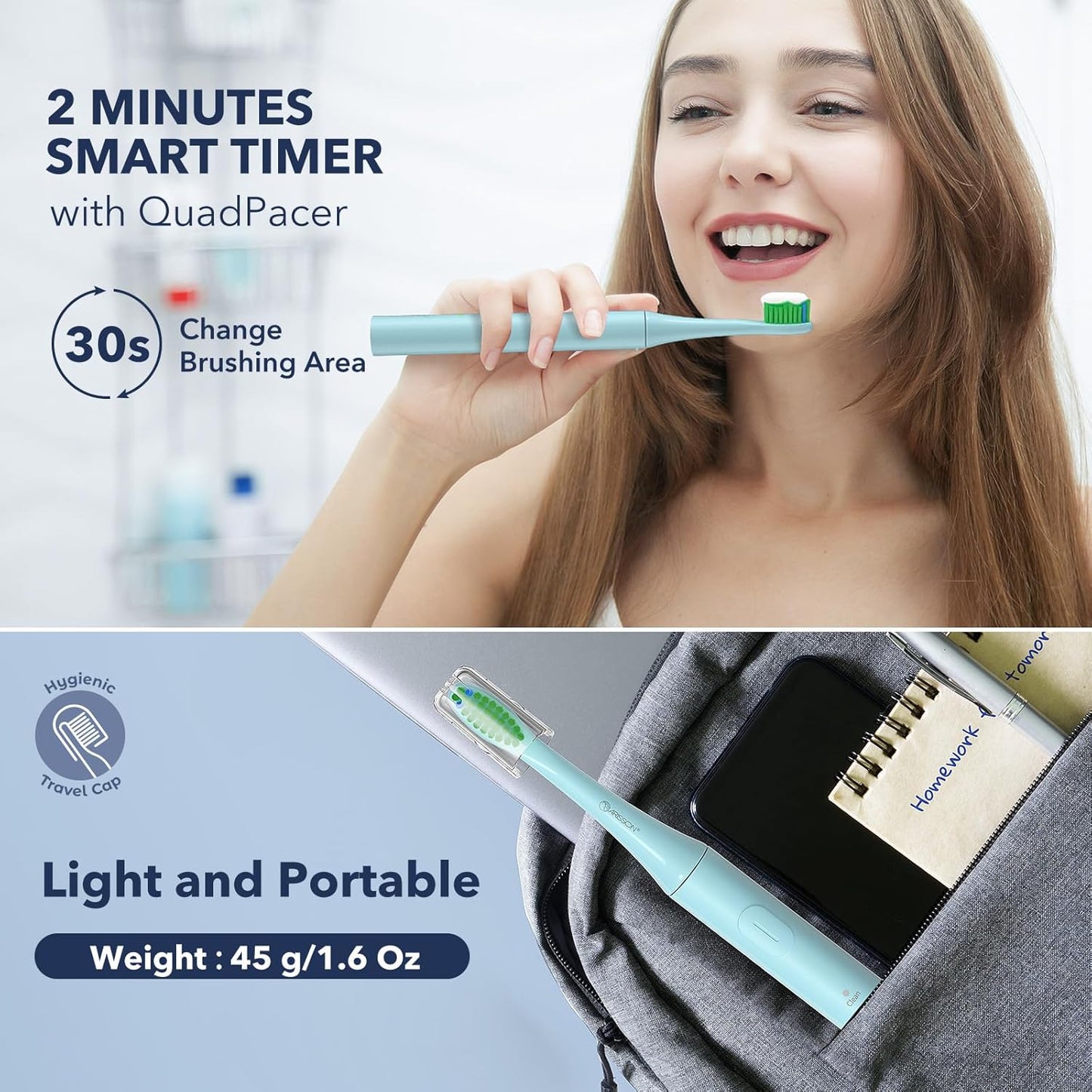 ARISSON Sonic Electric Toothbrush for Adults and Kids, 40,000 VPM Power Toothbrush, 1.5H Fast Charge Ultrasonic Electric Toothbrushes with 2 Minutes Smart Timer, Jet Stream