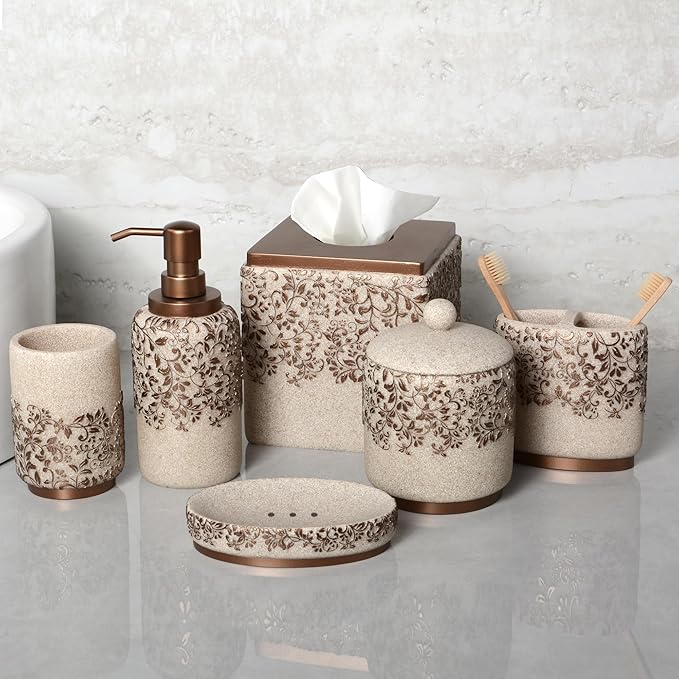 Decozen Bathroom Accessories Set - 6-Piece Modern Bathroom Decor, Countertop Essentials with Soap Dispenser - Birthday Gifts, Beige