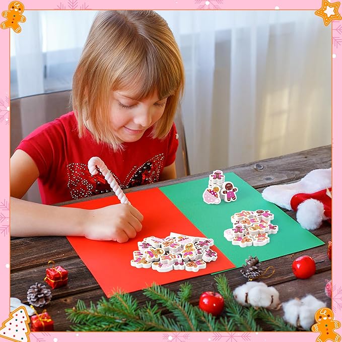 CJiangpo 60Pcs Christmas Erasers for Kids Bulk, Cute Mini Gingerbread Man Pencil Rubber Erasers Novelty Desk Pets for Classroom Rewards Holiday Christmas Party Favors Filler Stocking Stuffers