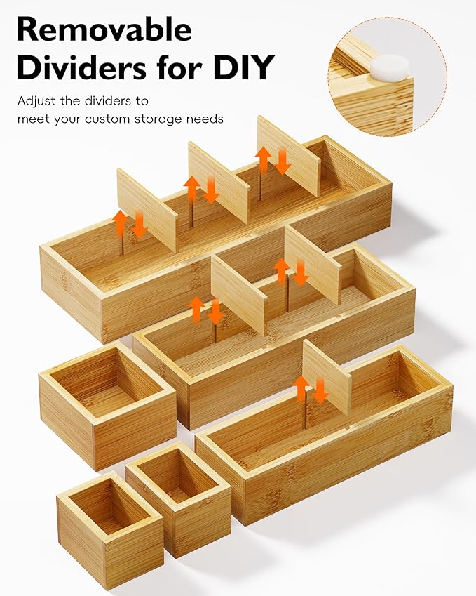 Desk Drawer Organizer Tray Set of 6 – Bamboo Office Storage Boxes with 12 Compartments for Office Supplies, Cosmetics, Jewelry and More