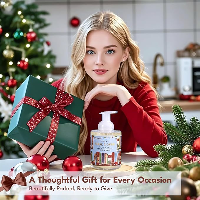ROMIIE ZOI Christmas Foaming Hand Soap with Gift Box- Book Lover Design, Floral&Fruity Scented- Holiday Soap Gift for Bathroom Winter Home Decor, Stocking Stuffer- 500ml / 16.8oz