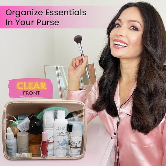 Large Clear Makeup Bag TSA-Approved Travel Cosmetic Pouch Spacious Transparent Toiletry Bag for Women and Girls Waterproof Clear Organizer Case Beige