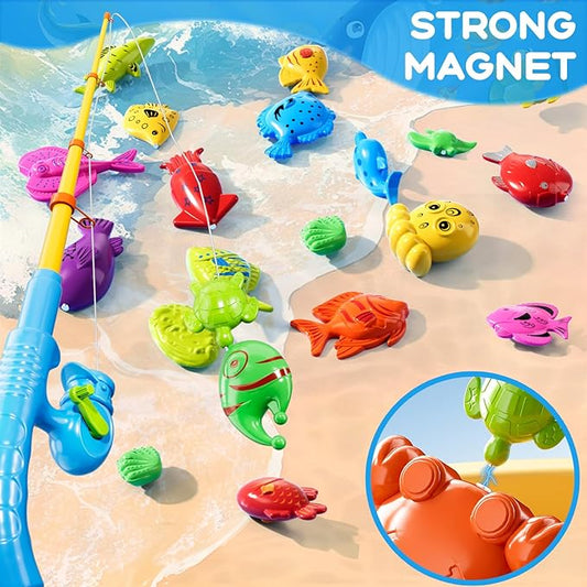Magnetic Fishing Game Toys for Kids Toddlers 3-5 4-8, Water Table Bathtub Toys with Pole Rod Net Plastic Floating Fish, Water Bath Pool Outdoor Toys for Kids Toddlers Baby Age 3 4 5 6 7 8 Year Old