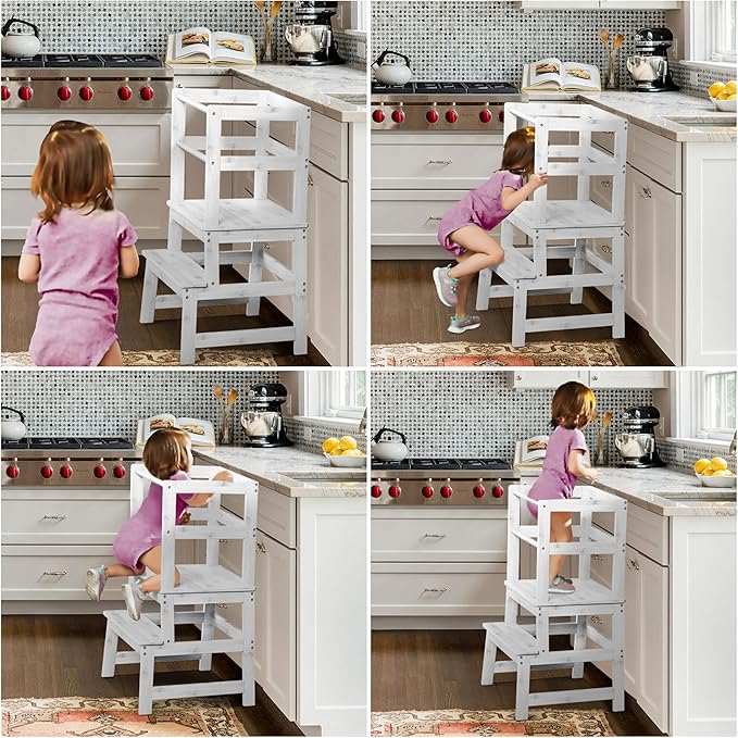 Kitchen Step Stool for Toddlers with Safety Rail, Wooden Toddler Standing Tower Kids Montessori Learning Stool Helper with A Anti-tip Structure for Kitchen Bathroom, Anti-Slip, White