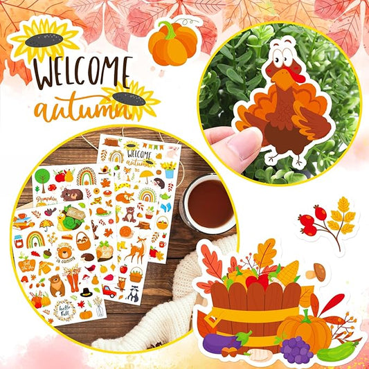 Fall Autumn Adhesive Stickers 990 Counts Woodland Pumpkin Stickers for Birthday Invitations Envelopes Decorations Party Goodie Gifts Bags Decor Water Bottle Decor Stickers