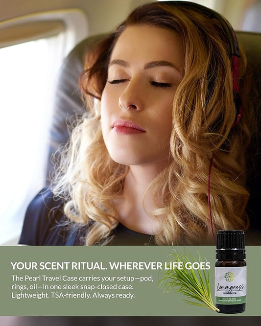 Essence Pearl Travel Case - Wearable Aromatherapy Kit with Nasal Diffuser Rings, Soaking Bay, and 5mL Essential Oil – Portable Wellness Gift Set for On?The?Go Self Care