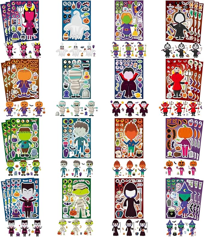 48 Sheets Halloween Make a Face Stickers for Kids, 16 Design Make Your Own Character Mix and Match Stickers Sheets Halloween Party Crafts Trick or Treat