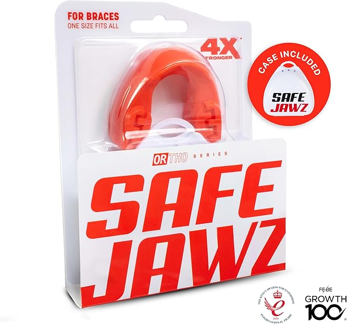 SAFEJAWZ Mouthguard for Braces, Upper & Lower Protection Remoldable Mouth Guard with Case for Boxing, Basketball, Football, MMA, Lacrosse, Hockey and All Contact Sports One Size (Red)
