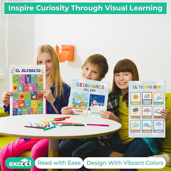 EXCOOL CLUB 32 Spanish Classroom Posters For Elementary - Colorful Bilingual Educational Posters For Toddlers 1-3, Laminated Learning Poster Preschool Must Haves, Abecedario Para Niños En Español