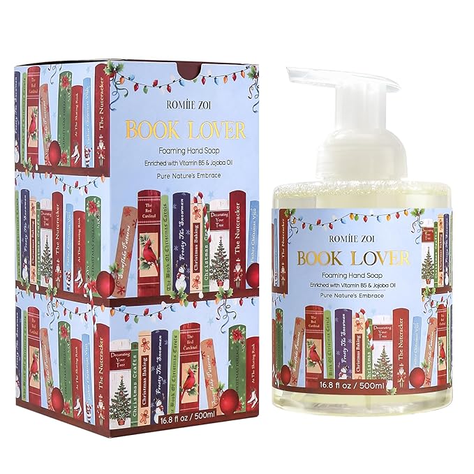 ROMIIE ZOI Christmas Foaming Hand Soap with Gift Box- Book Lover Design, Floral&Fruity Scented- Holiday Soap Gift for Bathroom Winter Home Decor, Stocking Stuffer- 500ml / 16.8oz