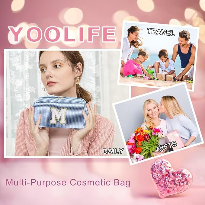 YOOLIFE Travel Makeup Cosmetic Bag - Personalized Monogram Cute Initial Makeup Bags Cosmetic Toiletry Bag Pouch Make Up Case for Women Her Mom Best Friend Sister Teacher, Birthday Gifts for Women V