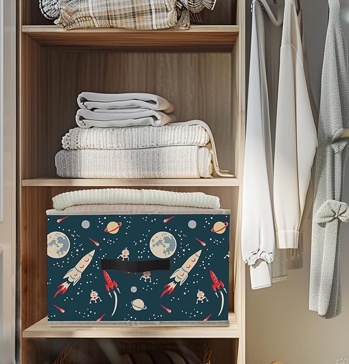 Nogrit Space Airship Rocket Storage Bins Box, Toybox for Boys, Outer Space Cosmic Foldable Baskets Organizer Container with Handles for Kids Boys Bedroom Bathroom Clothes Toys Books