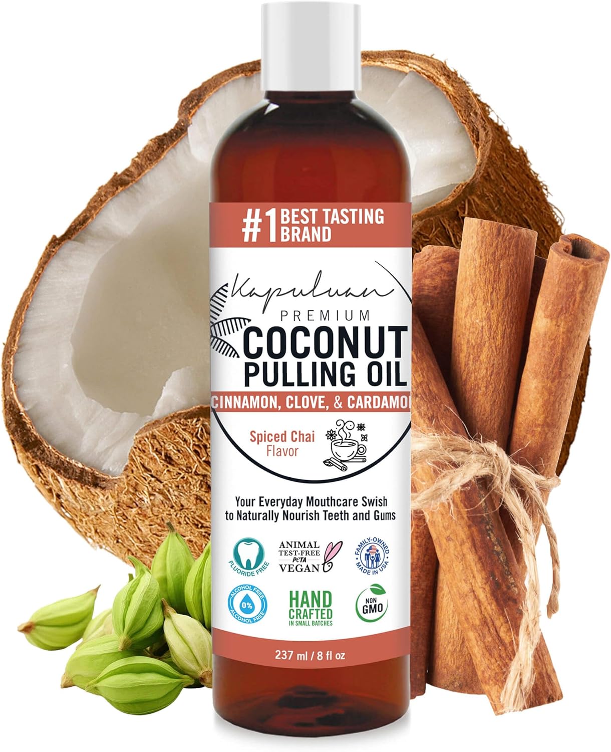 Kapuluan Coconut Oil Pulling for Teeth and Gums Mouthwash, 100% Pure and Natural, Non-GMO, Ayurvedic – Refreshing Spiced Chai Essential Oils
