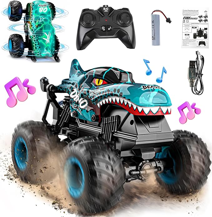 BEZGAR Monster Truck Toys - Remote Control Monster Truck with Light & Music, Dinosaur Toys for Kids, 1:20 Scale RC Truck with 360° Spins and Drifting, Remote Control Car for Boys 4-7 Blue