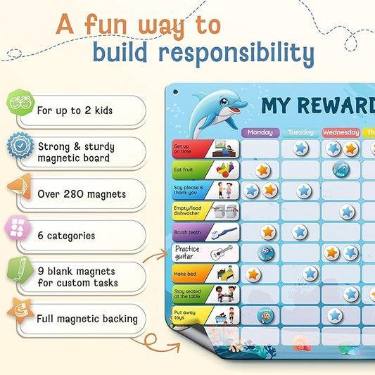 Magnetic Reward Chart for Kids with 280 Magnets - Behavior Chart for Kids at Home - Responsibility Reward Chart - Chore Chart - Visual Schedule - Ideal for Ages 3-9, Autism, ADHD - Blue