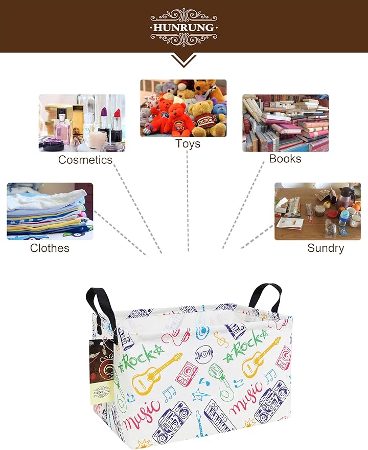 HUNRUNG Rectangle Storage Basket Cute Canvas Organizer Bin for Pet/Children Toys, Books, Clothes Perfect for Rooms/Playroom(REC-Musical instrument)