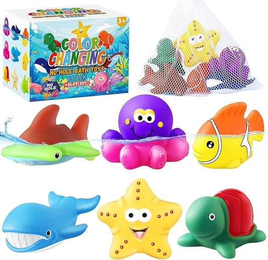 Color Changing No Hole Bath Toys for Kids Ages 1-3 4-8, Toddler Bath Toys, Sea Creatures Christmas Stocking Stuffers Christmas Birthday Gifts Pool Bathub Beach Water Toys Sea Animal with Drying Bag