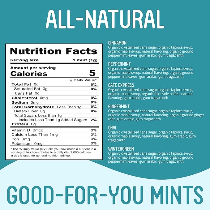 VerMints Organic Breath Mints – Travel Size Peppermints, Ginger Mints, Wintergreen, Cinnamon, Chai & Cafe Express Flavored Candy - Non-GMO, Gluten-Free, Vegan & Kosher Healthy Refresh - 120 Count