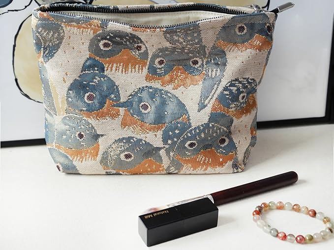 HAPPYHEIDI Cute Canvas Makeup Bag Cosmetic Toiletry Travel Pouch Car Handbag Organizer, Jacquard Golden Hirundo Rustica, Creamy Beige