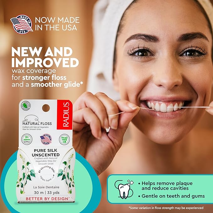 RADIUS Natural Unscented Silk Dental Floss 33 Yards Vegan & Non-Toxic Oral Care Boost & Designed to Help Fight Plaque Clear - Pack of 1