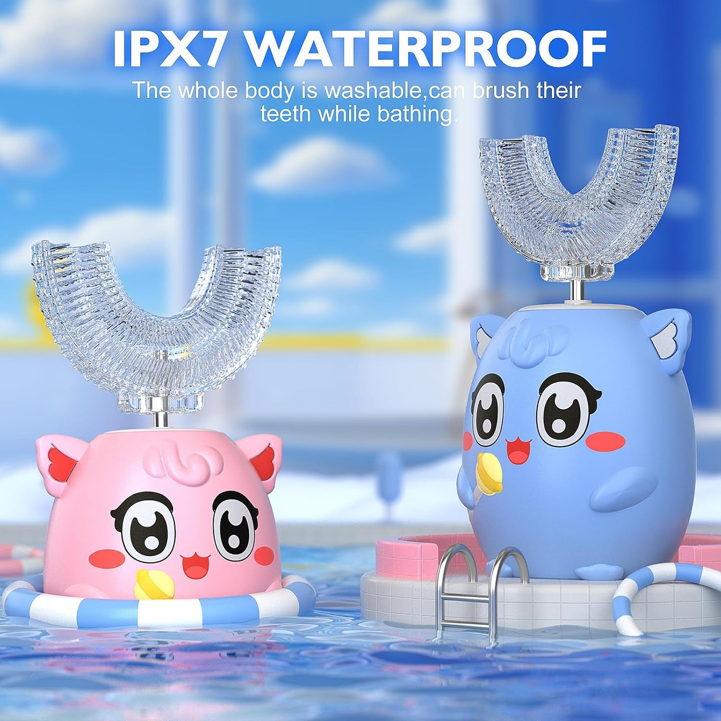 Kids Electric U Shaped Toothbrush Children Rechargeable Sonic Toothbrush with 6 Soft Brush Head Automatic Full Mouth 6 Cleaning Modes - (Age 2-7 Yellow)