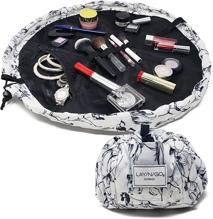 Lay-n-Go Cosmo Layflat Drawstring Cosmetic & Makeup Bag Organizer w/Zipper Pocket, Brush Loops & More, Cinch to Close, Lay Flat to Use, Durable, Machine Wash, Travel Toiletry Bag (20", Dogs)