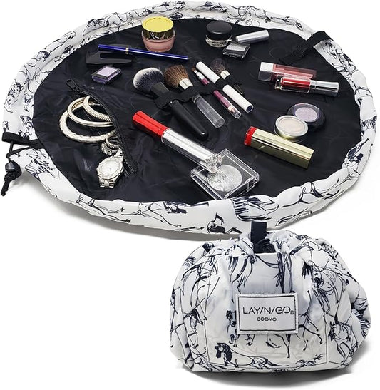 Lay-n-Go Cosmo Layflat Drawstring Cosmetic & Makeup Bag Organizer w/Zipper Pocket, Brush Loops & More, Cinch to Close, Lay Flat to Use, Durable, Machine Wash, Travel Toiletry Bag (20", Dogs)