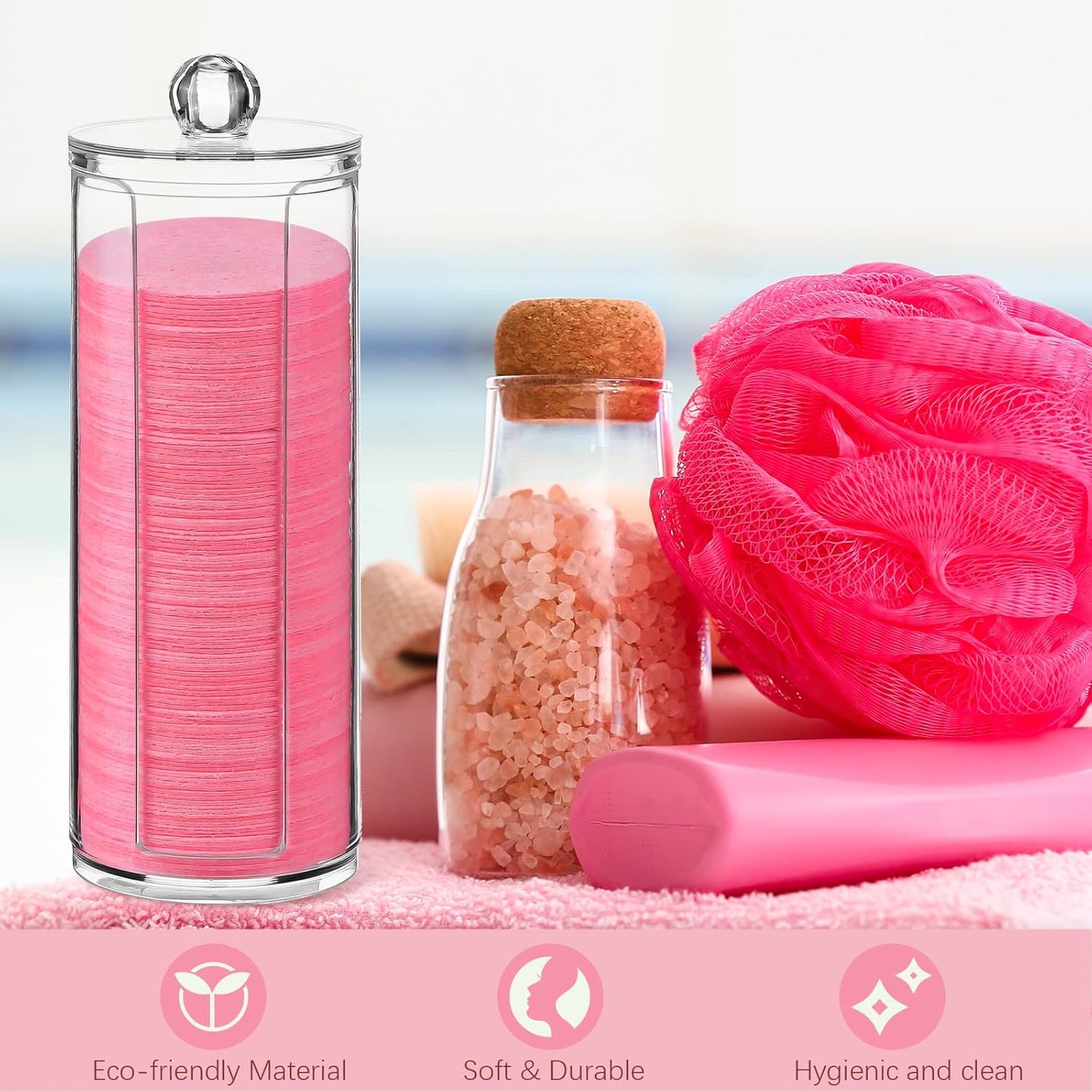 Sieral 120pcs Compressed Facial Sponges Disposable Natural Face Sponges Round Soft Pads with Container for Washing Face Cleansing Exfoliating Esthetician Makeup Removal Travel(Pink)