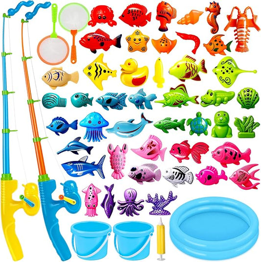 CozyBomB™ Magnetic Fishing Toys Game Set for Kids | Water Table Bathtub Kiddie Pool Party Pole Rod Net, Outdoor Plastic Floating Fish, Toddler Bath Color Ocean Sea Animals Birthday Gift Age 3-5 6 4-8
