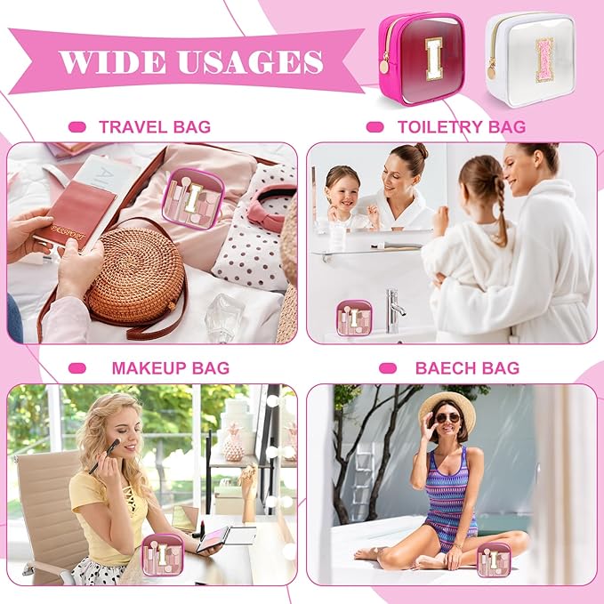 Personalized Initial Letter Clear Preppy Makeup Bag,Mini Nylon Chenille Letter Cosmetic Bag Cute Zipper Pouch Coin Purse for Teen Girls,Portable TSA Approved Travel Essentials Bag Gift for Women,I