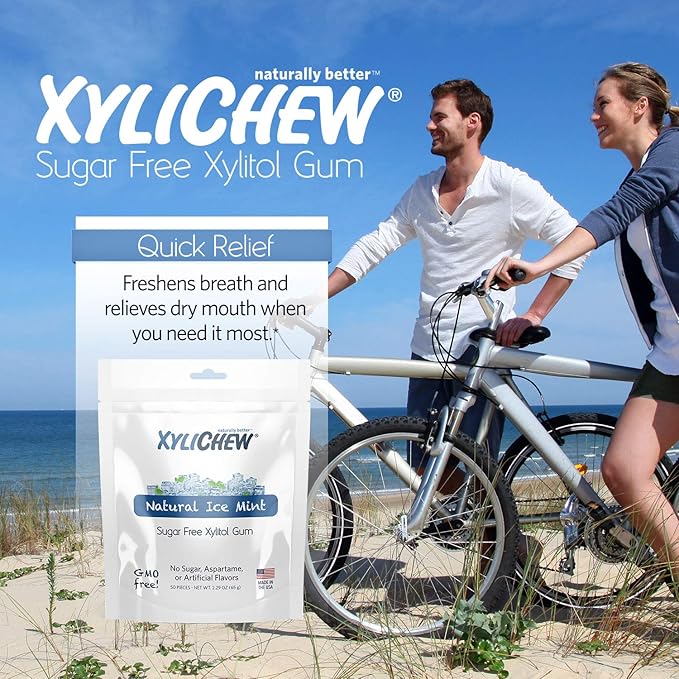 Xylichew 100% Xylitol Chewing Gum - Non GMO, Non Aspartame, Gluten Free, and Sugar Free Gum - Natural Oral Care, Relieves Bad Breath and Dry Mouth - Ice Mint, 50 Count