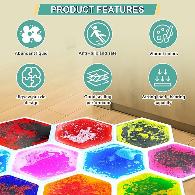 Liquid Sensory Floor Tiles - 9 PCS Hexagon Sensory Floor Pads for Kids Aged Over Three Years Old