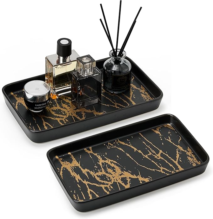 Bathroom Vanity Tray for Countertop,2PC Rectangle Marble Tray Set,Decorative Bathroom Organizer for Scrubber, Lotion Bottles, Perfume, Jewelry, Candle, Key Trinket Ring（Large,Black）